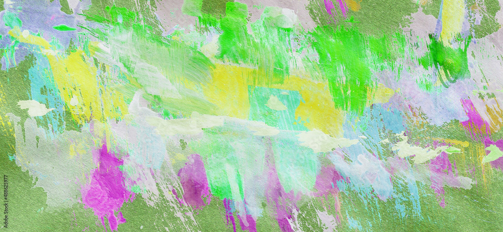 Bright green horizontal acrylic background. Green yellow and pink brushstrokes. Noise grunge backdrop, cover. Rainforest abstract art concept. Hand painted texture canvas, contemporary artwork