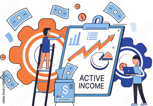 Active income obtained in course of certain activity using your knowledge and skills, getting paid for work. Works, earns salary. Idea of financial growth, business development, wages. Activity growth
