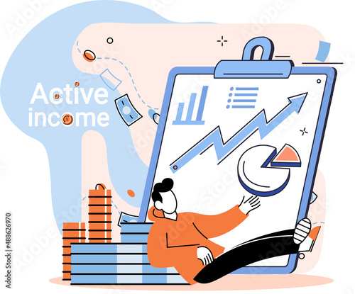 Active income obtained in course of certain activity using your knowledge and skills, getting paid for work. Works, earns salary. Idea of financial growth, business development, wages. Activity growth