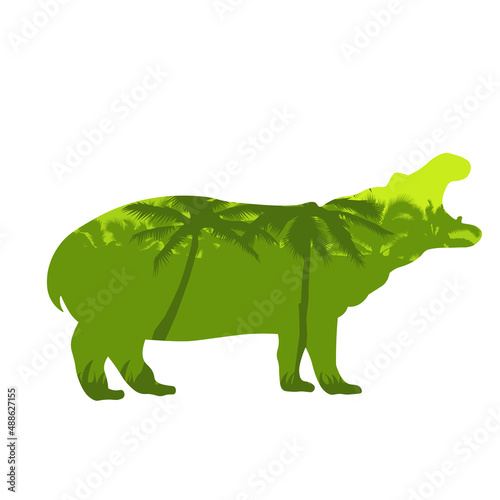 Hippo silhouette with african savannah and colorful sky. Vector illustration of a dangerous growling hippo silhouette isolated on a white background. Animal behemoth logo icon, side view profile. EPS