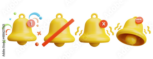 Collection of Notification Bell icon isolated on white background,with clipping path,3d rendering.