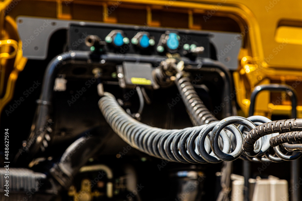Fototapeta premium spiral hose pipes on the rear of a semi truck tractor