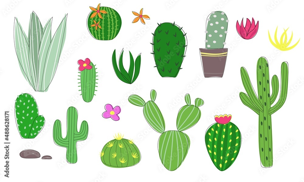 Mexican cacti set, hand drawn doodle succulents, minimalism cartoon style, green blooming cacti Mexican cacti set, hand drawn doodle succulents, minimalism cartoon style, green blooming cacti