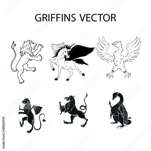 A griffin is also known as a griffin or griffon with a lion body, Hand drawn illustration in the engraving style