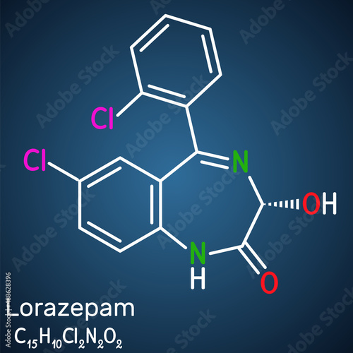 Lorazepam molecule. It is benzodiazepine with sedative, anxiolytic properties, used to treat panic disorders, severe anxiety, seizures. Structural chemical formula on the dark blue background