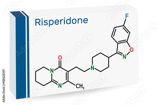 Risperidon molecule. It is antipsychotic medication, used to treat of schizophrenia, bipolar mania, psychosis, depression. Skeletal chemical formula. Paper packaging for drugs