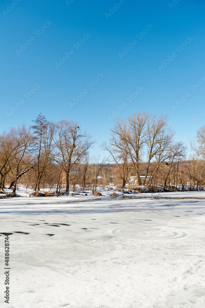 Frozen river against the background of trees without foliage Frozen river against the background of trees without foliage