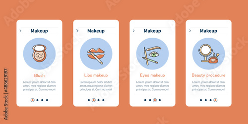 Makeup onboarding mobile app screens.Blush, lips and eyes makeup, beauty procedures. Cosmetology steps menu. Set of UI, UX, web template with RGB color linear icons