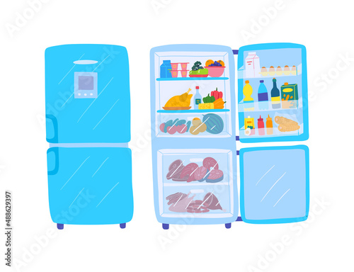 Cartoon Color Closed and Open View Fridge Set Flat Design Style Kitchen Appliance. Vector illustration of Refrigerator