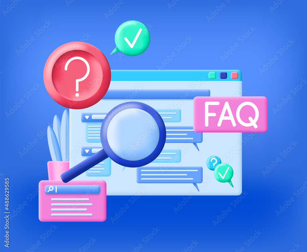 3d FAQ or Frequently Asked Questions Concept Plasticine Cartoon Style Include of Magnifier and Chat. Vector illustration 3d FAQ or Frequently Asked Questions Concept Plasticine Cartoon Style Include of Magnifier and Chat. Vector illustration