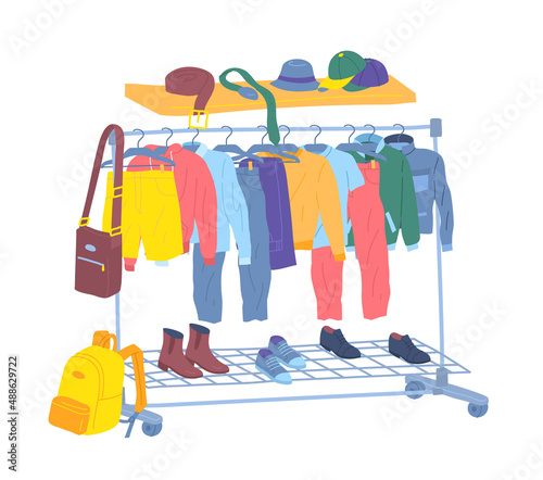 Cartoon Color Male Clothes Hanging on Hangers Men Capsule Wardrobe Concept Flat Design Style. Vector illustration
