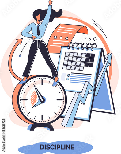 Discipline concept icon. Time management. Working day idea metaphor. Daily affairs of person, indicators of time for work, hobby, study, rest. Fulfillment of planned plans according to regulations