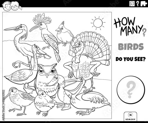 counting cartoon birds educational game coloring book page