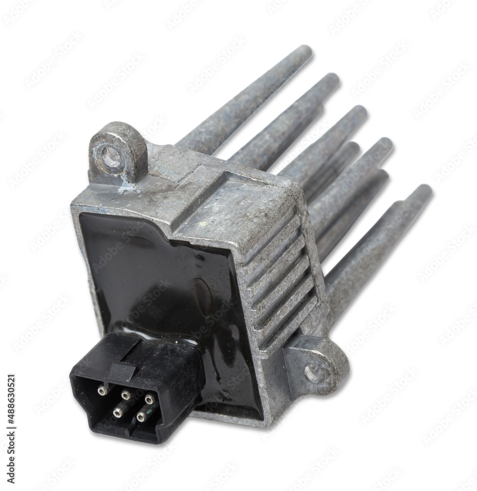 Car heater fan speed regulator on white isolated background. Catalog of spare parts for vehicles. Car heater fan speed regulator on white isolated background. Catalog of spare parts for vehicles.