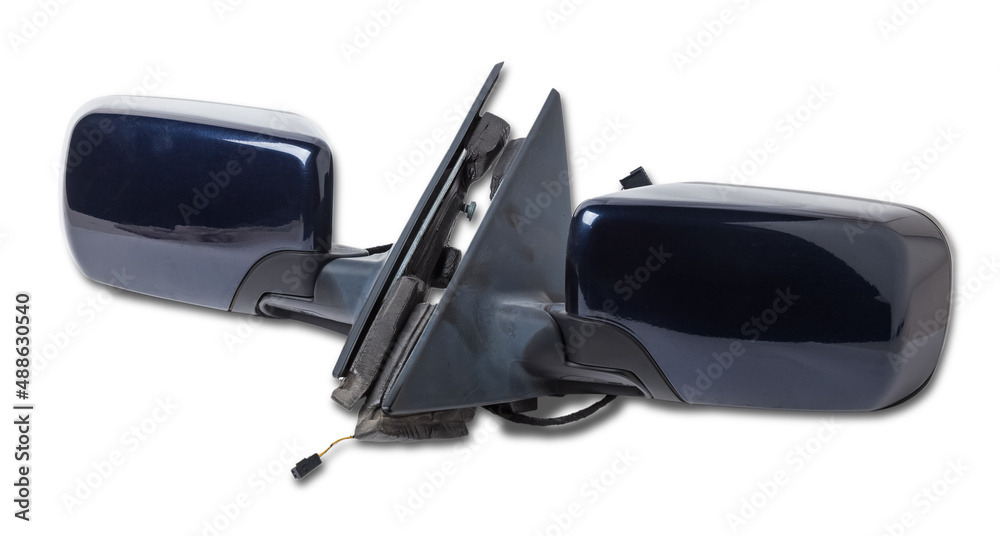 Close-up on a side mirrors from a car for repair and replacement after an accident in a workshop. Auto service industry. Spare parts catalog.