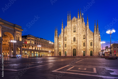 Duomo   Milan gothic cathedral at blue hour Europe.Horizontal photo with copy-space.