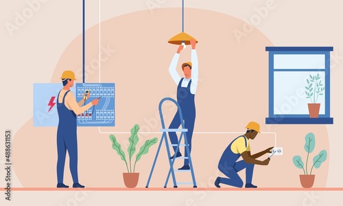 Professional electricians at work abstract concept. Men in uniforms and helmets install sockets, design wiring, screw light bulb and equip electric shield. Cartoon modern flat vector illustration