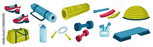 Set of different sports equipment. Fitness equipment for performing physical exercises. Shoes, dumbbells, elastic bands, jump rope and bag. Cartoon flat vector collection isolated on white background