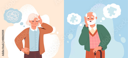 Alzheimer illness disease patients concept. Set of elderly confused man and woman with memory loss and puzzles flying around. Brain disease in pensioners. Cartoon contemporary flat vector collection