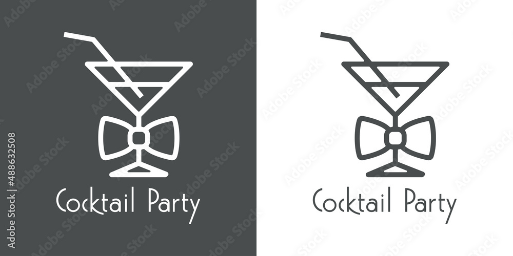 Logotipo con texto Cocktail Party con copa de cocktail con corbata de lazo con líneas en fondo gris y fondo blanco