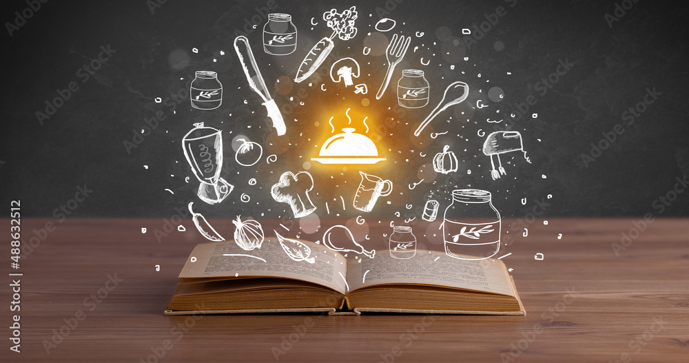 Open recipe book with food related icons above