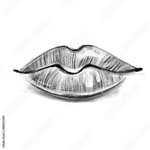 Vector hand drawn sketch of female juicy lips, black lines