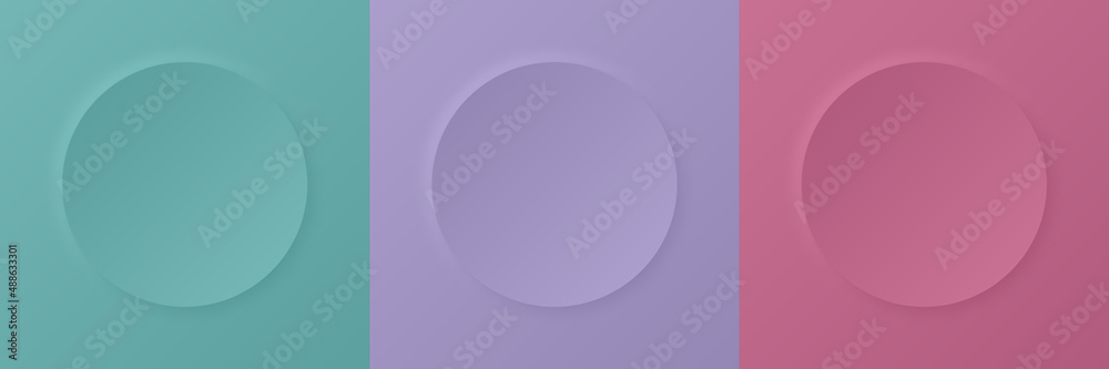 Abstract 3d circle frame. Set of green, purple, and pink border with shadow for cosmetic product. Template of empty scene in top view with copy space for cosmetic and beauty presentation. Vector. Abstract 3d circle frame. Set of green, purple, and pink border with shadow for cosmetic product. Template of empty scene in top view with copy space for cosmetic and beauty presentation. Vector.