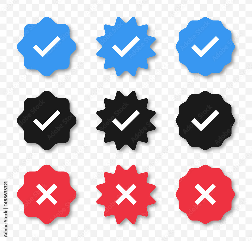Vecteur Stock Profile verification check marks icons. Verified and  unverified account sign. Social media icon set. Blue check mark and red  cross mark symbol for profile authentication. Vector. | Adobe Stock