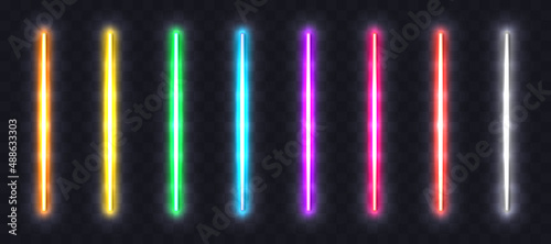 Neon light tubes set. Colorful glowing halogen or led light lamps. Realistic neon illuminated lines, borders and frame elements on transparent background. Vector.