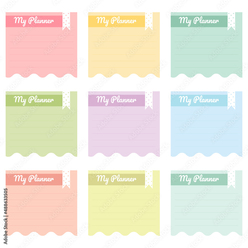 Cute paper notes. Stationary set. Scrapbook notes and cards.Printable planner stickers. To Do List note. Template for your message. Decorative planning element. Vector illustration.