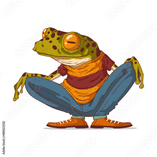 Urban frog character, vector illustration. A calm anthropomorphic frog guy sitting on his haunches and observing what is happening. Sketch-drawn humanized toad. An animal character with a human body