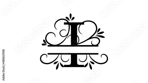 Split letter I. Monogram I. Animated letter in vintage style, the letter appears, branches and leaves grow. A personalized logo for your video's personality. Alpha channel, transparent layer. 