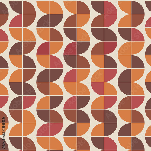 Mid century modern geometric seamless pattern in orange, red and brown on white background. Great for home décor, textile and wallpaper 