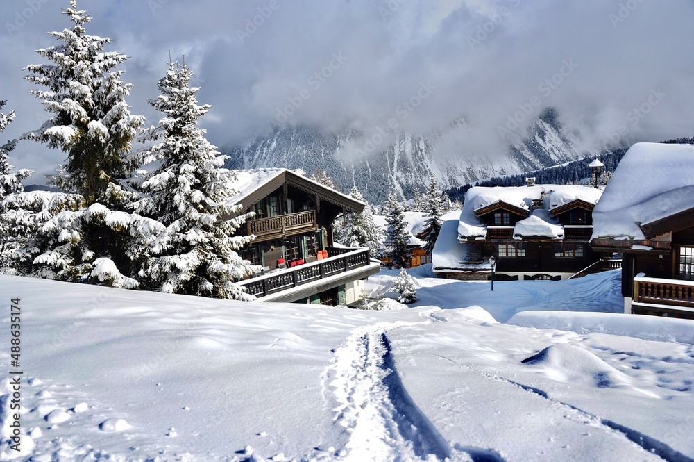 ski resort in the mountains with wooden chalets on the slopes