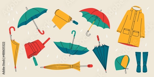 Abstract umbrellas raincoat rain boots. Hand drawn cartoon open, folded parasol, accessory for rainy days. Vector design