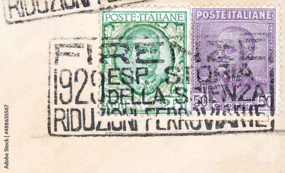 briefmarke stamp gestempelt frankiert cancel vintage retro alt old italien italy italia firenze grün green lila purple slogan werbung