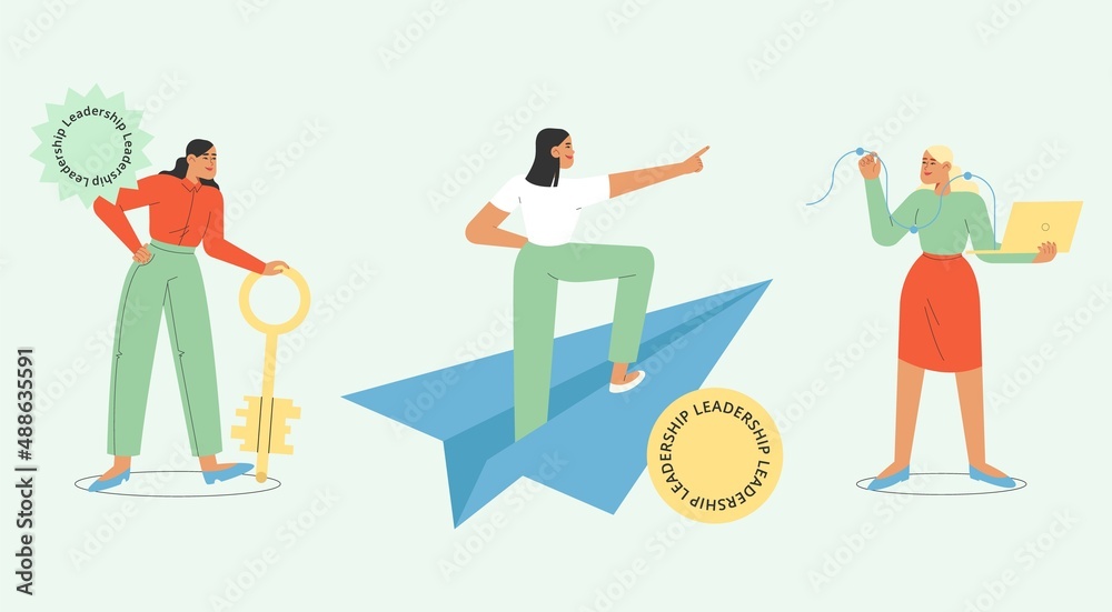 Concept of leadership. Set of flat vector illustration with business women. Career success, promotion, goal achievement. Success in a job, new project or startup.