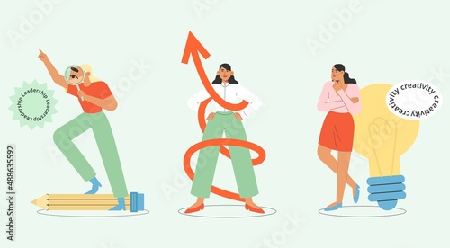 Concept of leadership. Set of flat vector illustration with business women. Career success, promotion, goal achievement. Success in a job, new project or startup.
