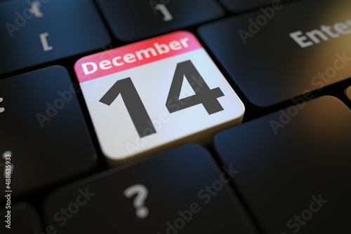 December 14 date on a keyboard key, 3d rendering