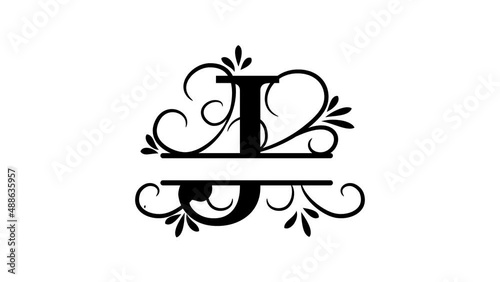 Letter J. Animated logo. Monogram, split letter J. Vintage style, twigs and leaves appear beautifully at the logo. Letter on a transparent background. You can insert a logo on any of your videos