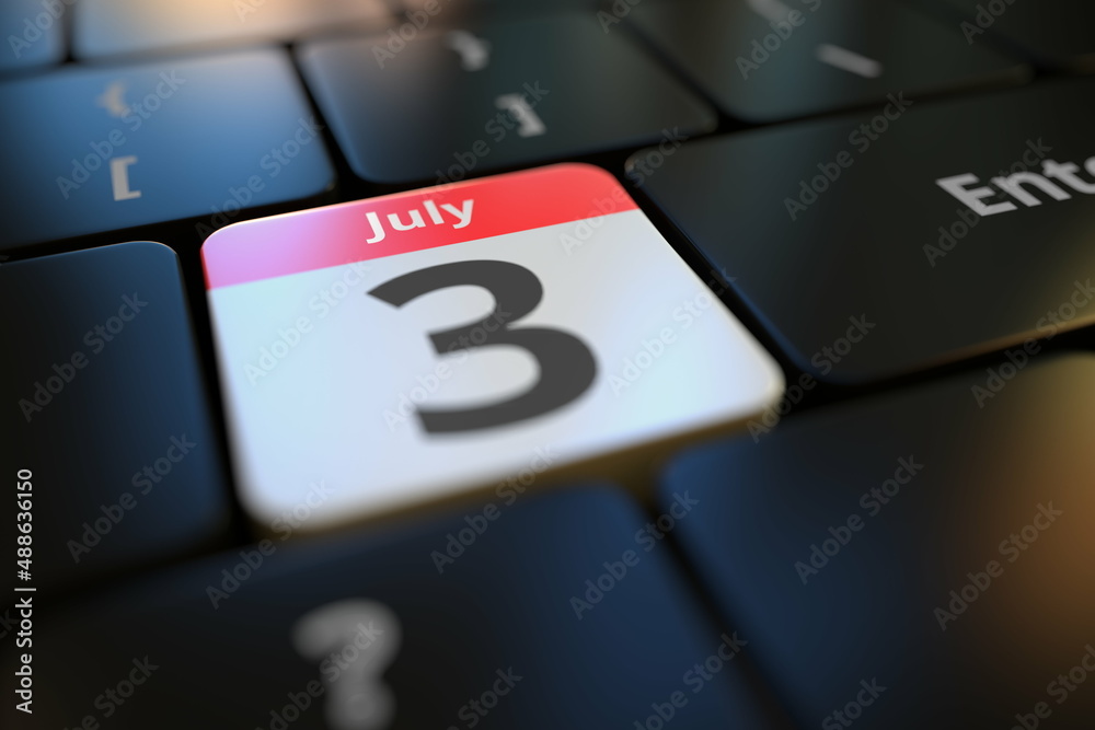 July 3 date on a keyboard key, 3d rendering July 3 date on a keyboard key, 3d rendering