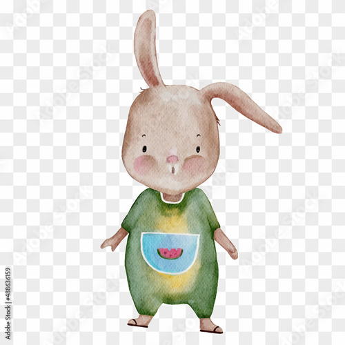 Cute Rabbit water colour hand paint, Cartoon hand drawn bunny character design element for Easter greeting card,Invitation,Spring,Summer poster, Vector illustration isolated on transparent background
