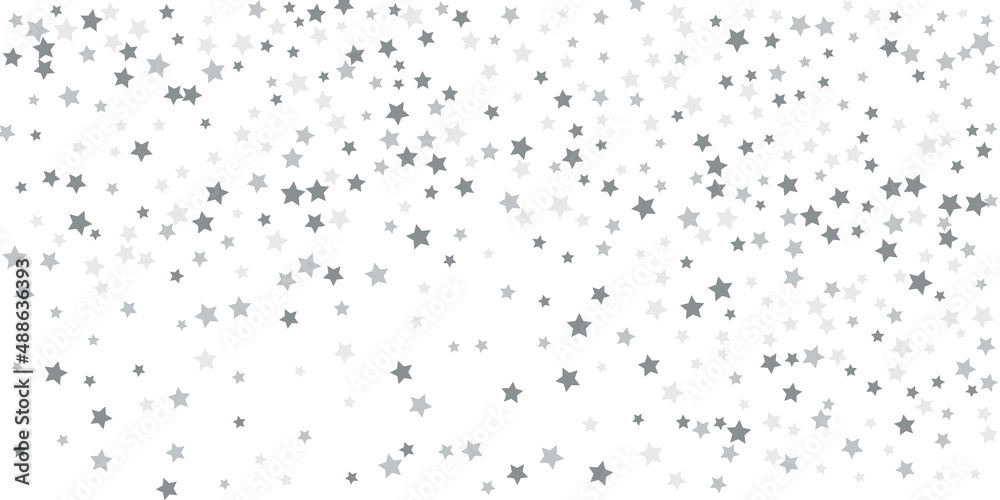 Silver star confetti. Falling stars on a white background. Illustration of flying shining stars. Decorative element. Suitable for your design, postcards, invitations, gift, vip.