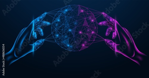 Metaverse, connection to the virtual space. Global digital network. Polygonal design.