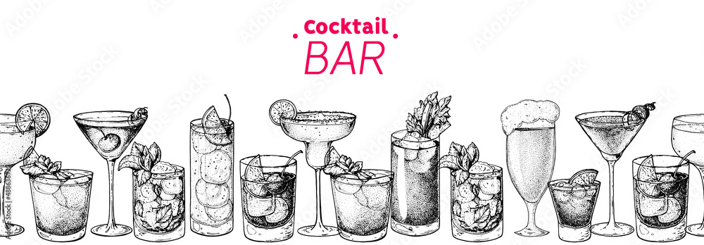 Alcoholic cocktails hand drawn vector illustration. Cocktails set. Bar menu design elements. Hand drawn sketch collection. Horizontal seamless background. - obrazy, fototapety, plakaty 