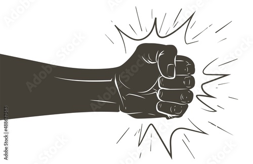 Fist punching or hitting, forward punch.Sign, symbol, logo, illustration. Stop violence against women, domestic violence concept. Vector Line sketch realistic vintage hand-drawn illustration