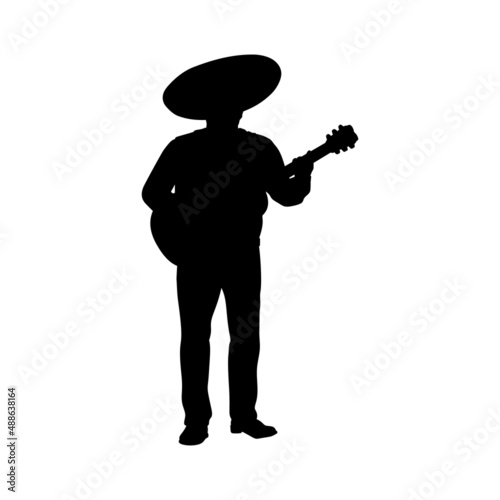 Silhouette mexican man in sombrero hat playing guitar