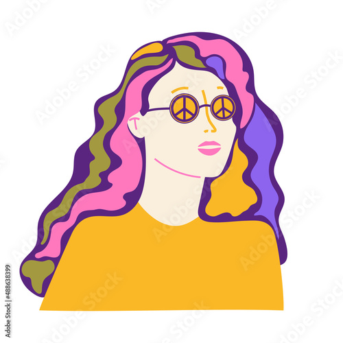 Portrait of Fashion woman in hippy style. Young glamour lady with lips. Woman with hippie glasses.