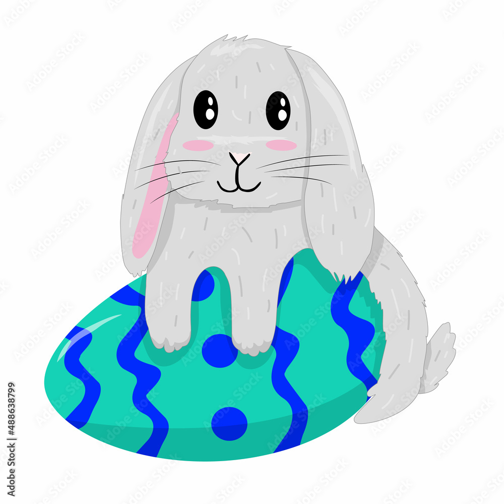 Vector hand drawn easter illustration with cute bunny, eggs on white bacground