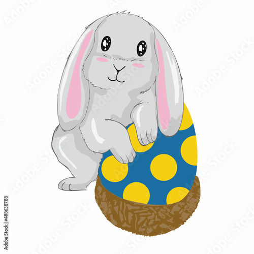 Vector hand drawn easter illustration with cute bunny, eggs on white bacground